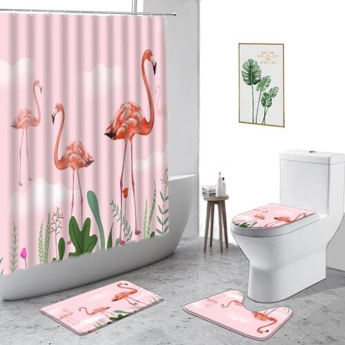 Pink Flamingo Waterproof Shower Curtain Creative Animal Girl Bathroom Decor Curtains Set Non-Slip Bath Mat Flannel Toilet Seat