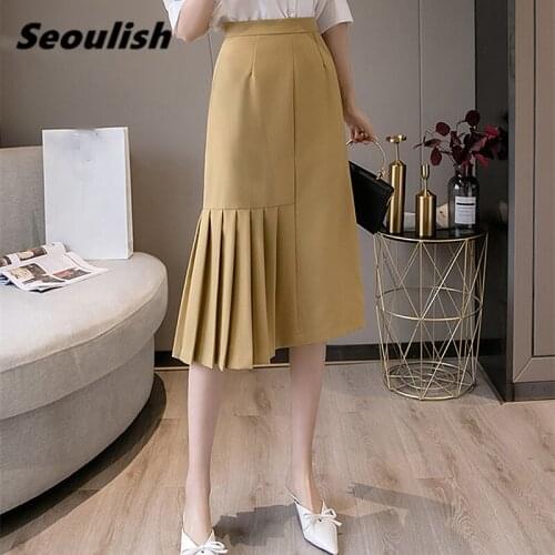 Seoulish Office Lady Skirts 2021 New Spring Women Midi Pleated Skirts Elegant Korean Style High Waist Wrap A-Line Skirts Female