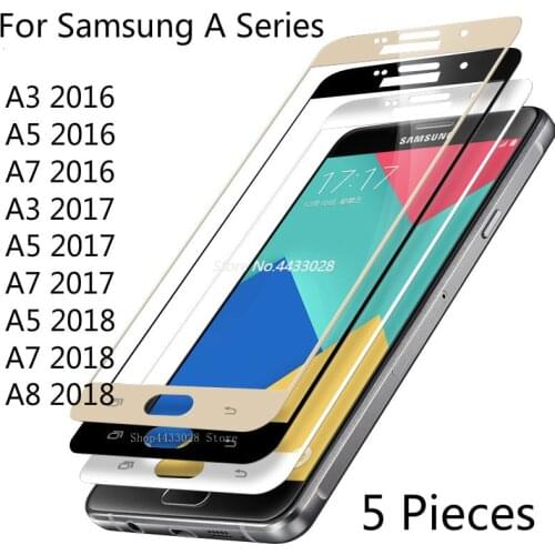 5 Piece Tempered Glass for Samsung Galaxy A3 A5 A7 2016 2017 Screen Protector Full Cover for A5 A6 A7 2018 Protective Film Glass