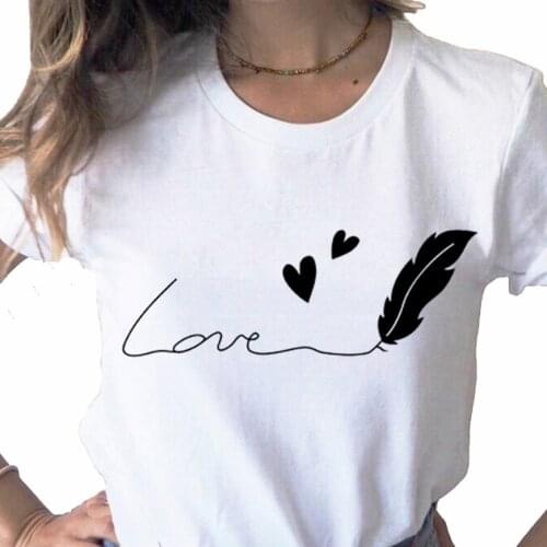 Summer 2021 Feather Love Simple Sweet print ladies T-shirt ladie casual basis O-collar white shirt short sleeve Tshirt,Drop Ship