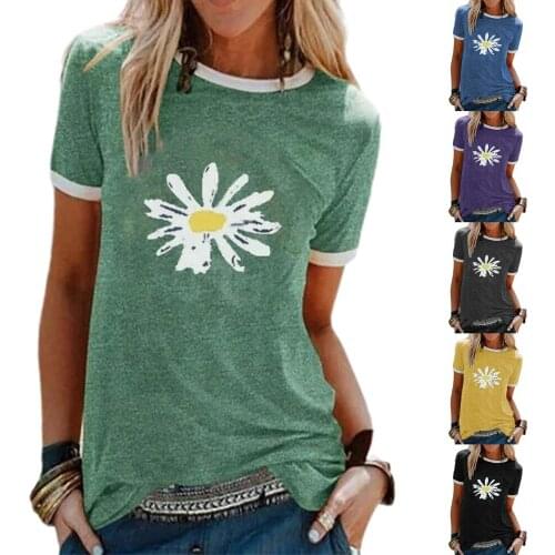 Womens T-shirts Womens Fashion Short Sleeve Clothes Summer Shirt Top Tee O Neck Female Ladies Womens Tee T-Shirt Chrysanthemum