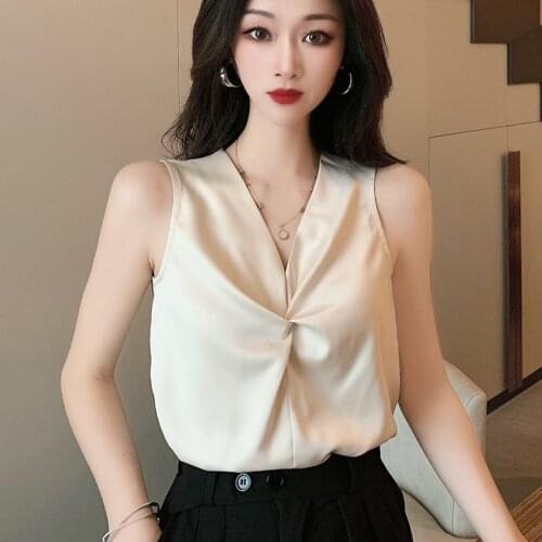 Shintimes New Fashion Folds sleeveless Tank Tops Women Clothes 2021 Summer Solid Sexy Club V-neck Chiffon Camisole Top Femme
