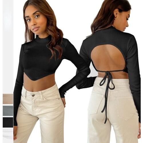 Autumn New Solid Color Sexy Backless O-Neck Long Sleeve Slim Short Tops for Women Casual T-Shirts Female Fashion Navel Tees
