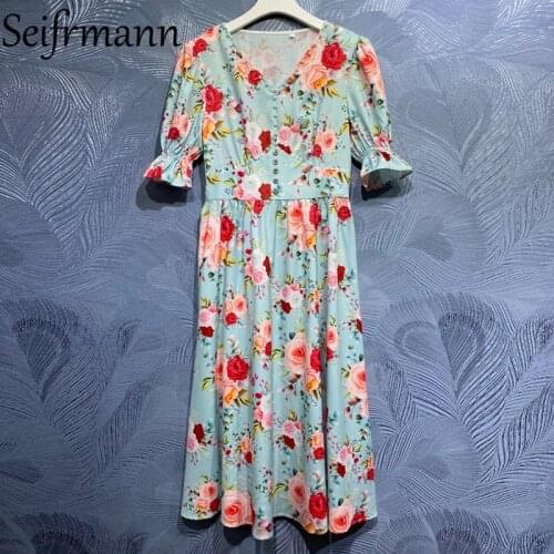 Seifrmann New 2021 Summer Women Fashion Designer Party Midi Dress Flare Sleeve High Waist Beading Floral Print Ladies Dresses