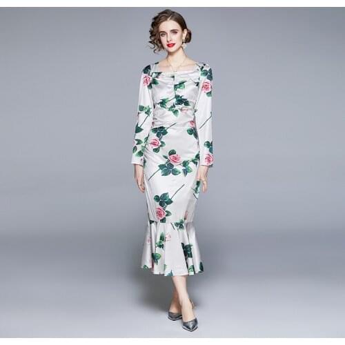 2021 New Women Dresses Sexy Square Collar Ankle-Length Elegant Women Dresses Printing Sheath Office Lady Vintage Women Dresses