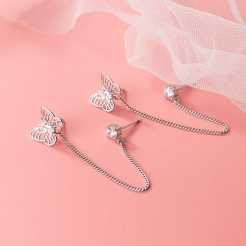 100% 925 Sterling Silver Dangle Earrings Tassel Chic Long Ear Line Earrings Hollow Butterfly Women Charm Jewelry