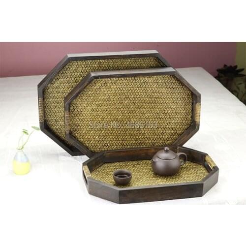 3pieces/set Thai solid wood living room cup tray wooden tray living room bamboo knitting handmade fruit tray tea saucer