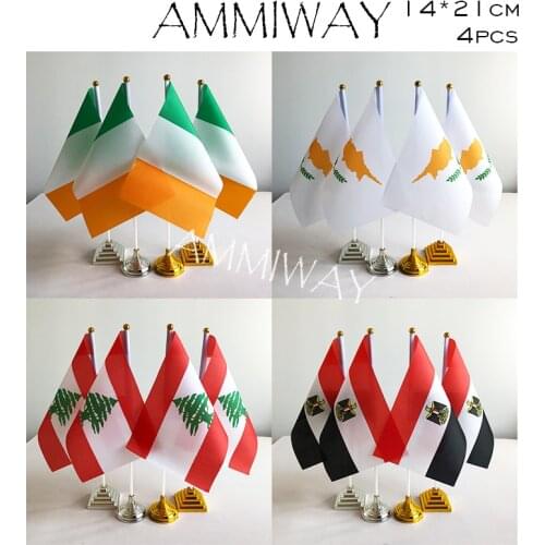 AMMIWAY 14x21cm 4pcs Ireland Irish Cyprus Lebanon Table Flags Lebanese Egypt Egyptian Country Desk Flag Plastic Base Stand