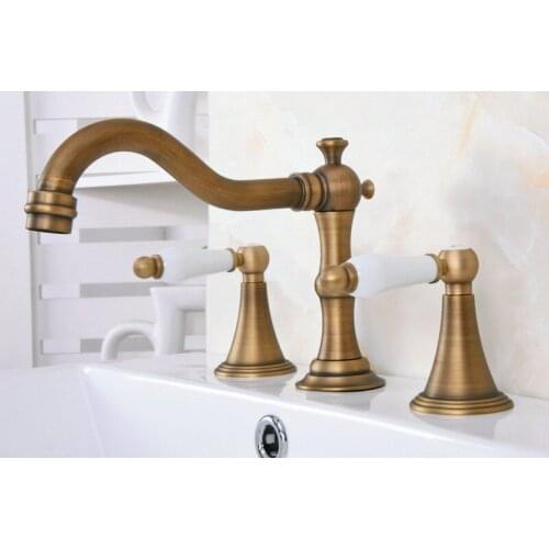 Antique Brass White Dual Ceramic Levers Handles Widespread 3 Hole Install Bathroom Sink Basin Faucet Mixer Taps aan084