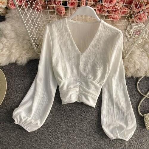 Womens Spring autumn long sleeve v neck short Shirt Female High Waist casual chiffon blouse Tees Tops TB1559