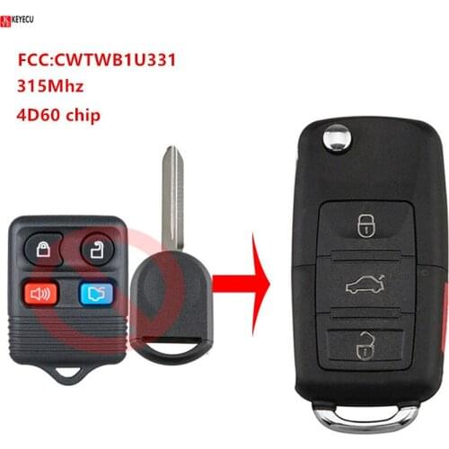 KEYECU 315Mhz Folding Remote Car Key For Ford CWTWB1U331 GQ43VT11T CWTWB1U322 CWTWB1U345 4Buttons With Transponder 4D60 chip