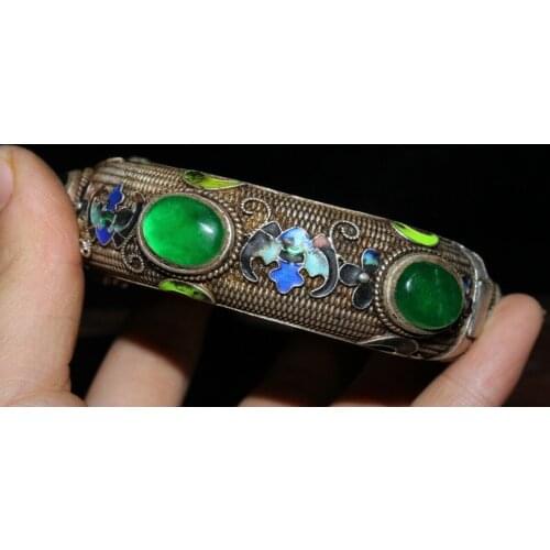 Chinese Old Craft Made Green Jade Inlaid Old Cloisonne Tibetan Silver Bracelet