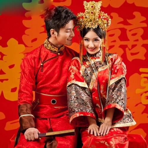 Asian Photo studio Wedding theme couple Costume bride groom Qing Dynasty wedding Robe dress Manchu Traditional lover Clothing