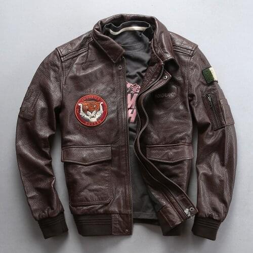 2020 New Men Black Air Force A1 Pilot Genuine Leather Jacket Fashion Embroidery Tiger head Sheepskin flight Jackets Winter Coats