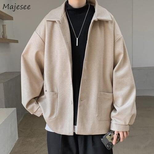 Men Blends Single Breasted Pockets Turn-down Collar Winter Warm Thicker Windbreaker Male Jacket Wool Baggy Fashion Harajuku Soft