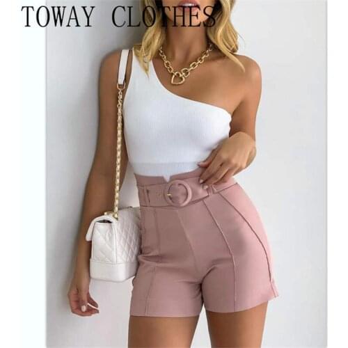 Summer Women Sleeveless One Shoulder Top & Contrast Piping Shorts Set