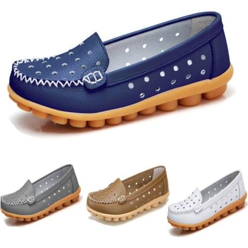 Men Women Hollow Plus Size Genuine Leather Slip-On Lazy Shoes Brown Grey Blue Casual Flats Oxford Single Shoes New Summer