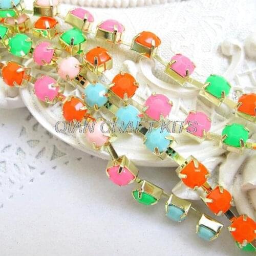 Set of 3Meters Resin acrylic rhinestone 6MM assorted color gold metal base beaded trims chains