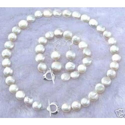 NEW 9-10MM White Coin Pearl Necklace Bracelet Earring Set 18" 7.5" AAAHT
