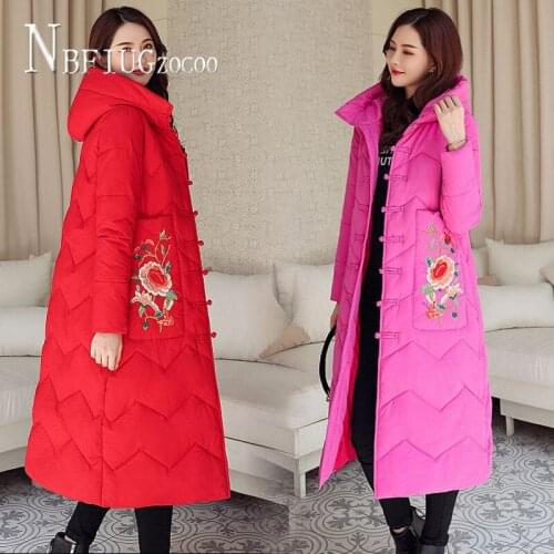 Mother Style Middle-aged Long Women Parkas Korean Embroidery Flower Ethnic Female Overcoat