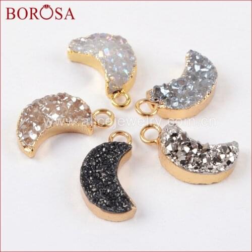 BOROSA 10Pcs Crescent Natural Agates Druzy Pendant for Necklace Titanium AB Drusy Moon Charms DIY For Women Jewelry G1175