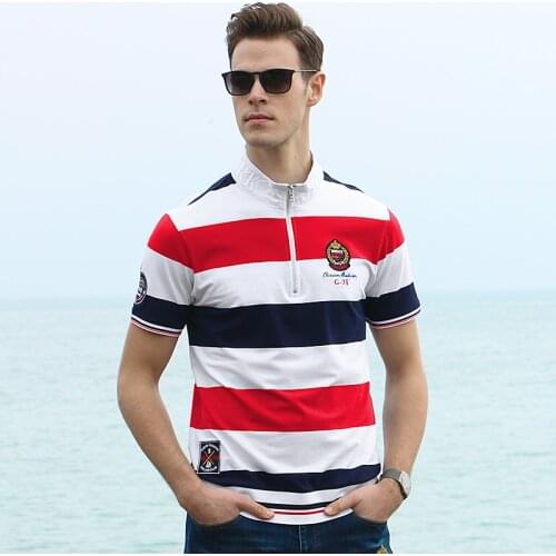 Bruce& Shark Men Polo Shirt Summer Mens Casual Breathable Plus Size Striped Embroidery Short Sleeve Polo Shirt Pure Men Clothes