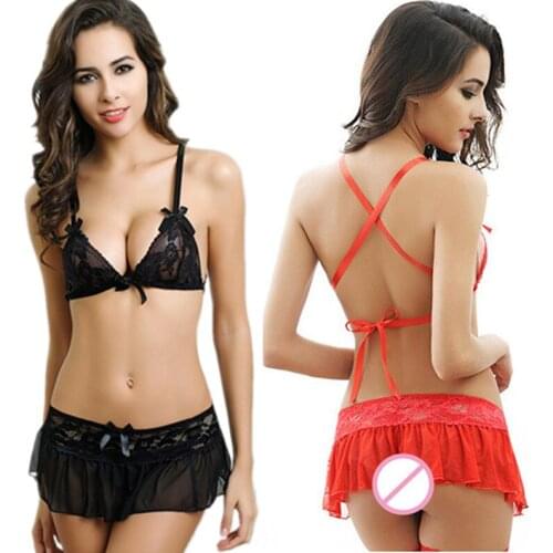 GOYHOZMI sexy lingerie hot lace bra + t pant + skirt lingerie set Exotic underwear black red women intimates sex Bra & Brief Set