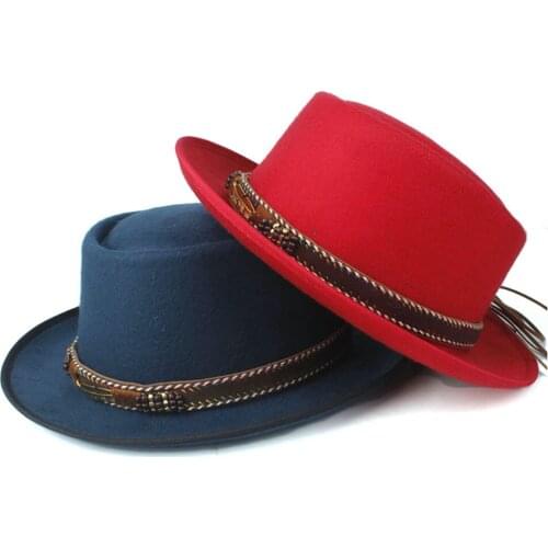 Unisex Women Men Pork Pie Hat with Belt Outdoor Casual Fedora Hat Wool Flat Jazz Hat Size 58CM
