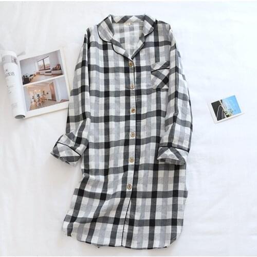 Japanese Style Simple Cardigan Nightdress Womens Pajamas Spring Thin Cotton Gauze Double-layer Plaid Long-sleeved Home Service