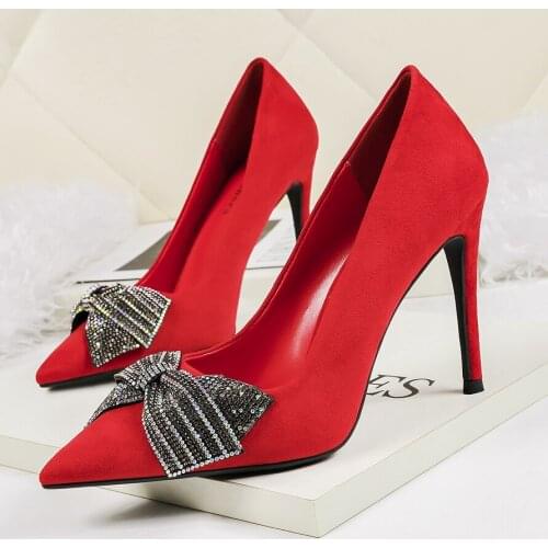 2020 New Korean Sweet High Heel Stiletto High Heel Shallow Mouth Pointed Suede Bowknot Womens Shoes Wedding Shoes