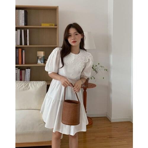 Sannian Women Dress 2021 Summer Sweet Doll Collar Lace Hollow Splicing Lacing Waist Bubble Sleeve Short Dresses Ladies Clothing