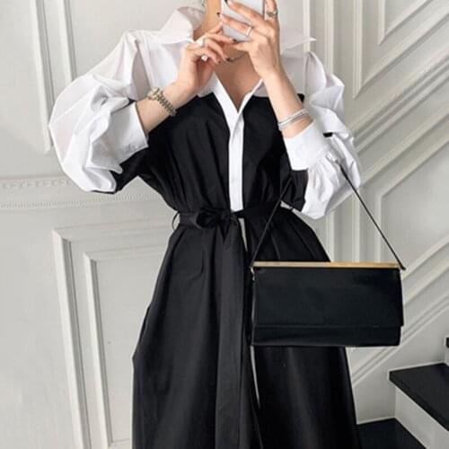 Vintage Patchwork Dress for Woman Single-breasted Lace Up Vestido Woman Clothing Black Slim Waist Elegant Maxi Dresses Female