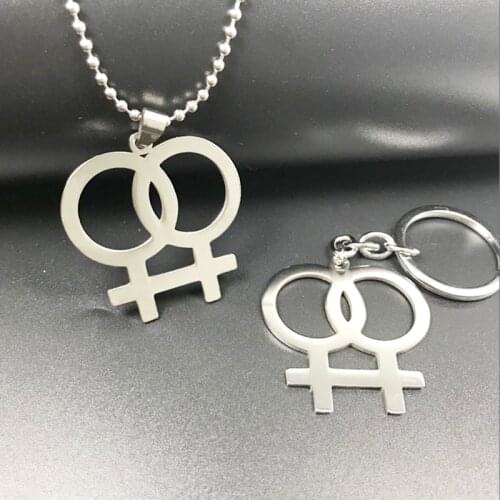 1 Piece Stainless Steel Gay Pride Necklace Lesbian Symbol Pendant Female/Women Double Figure Shape Ball Chain Fashion Jewelry
