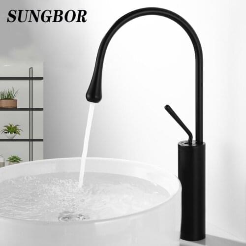 Black hot and cold basin faucet matte copper heightened rotating above counter basin washbasin Nordic bathroom water drop faucet