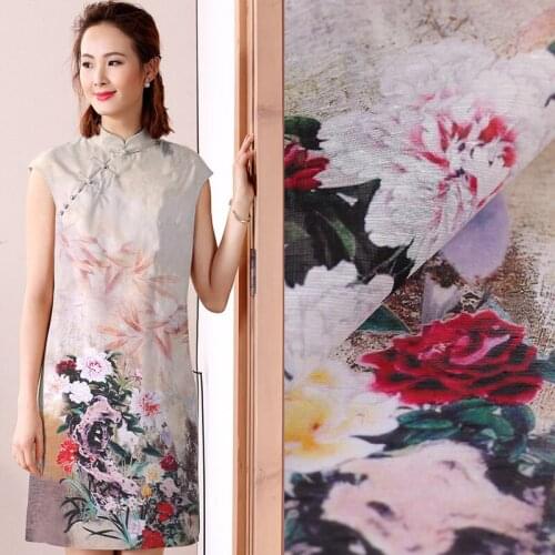 Digital inkjet silk linen fabric cheongsam silk clothing cheongsam skirt fabric breathable natural linen fabric silk cloth