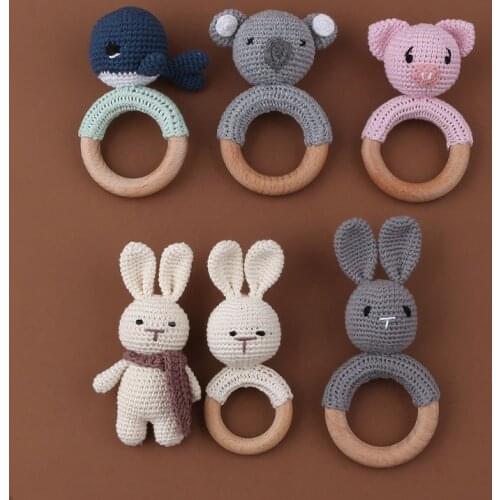 Baby Beech Wooden Teether Mobile Pram Crib Ring DIY Crochet Rattle Bracelet Soother Infants Teething Chewing Molar Toy