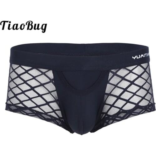 Hot Sexy Men Underwear Mesh Plaid Gridding See-through Bulge Pouch Bikini Boxer Briefs Gay Swimwear Underpants