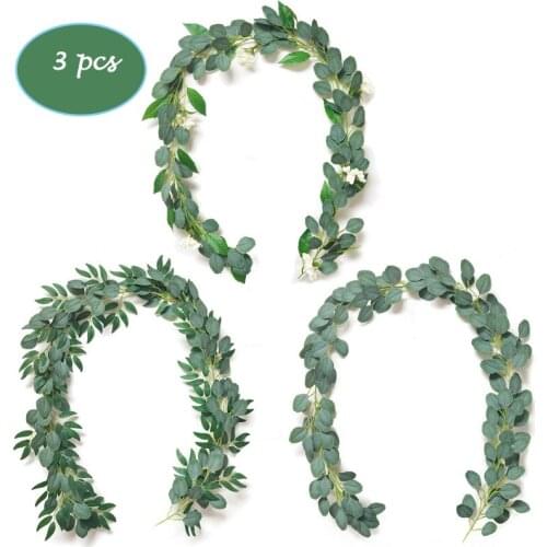 3 Pcs Faux Artificial Green Garland Eucalyptus Willow Leaves Vine for Wedding Achy Home Party Outdoor Garden Hanging Decoration