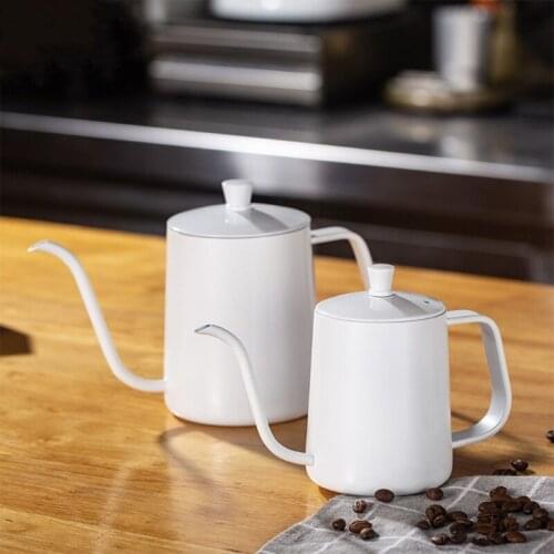 White Coating Stainless Steel Coffee Kettle Long Narrow 5mm Gooseneck Spout Pour Over Thin Mouth Retro Tea Pot with Lid