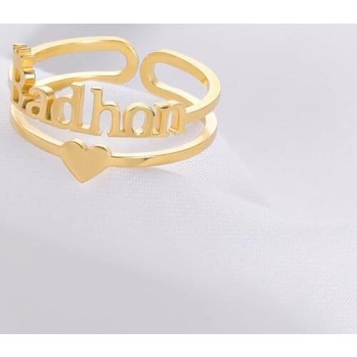 HUHUI Customized Name Ring And Heart Personalized Open Adjustable Stainless Steel Ring Jewelry For Woman Couple Anniversary Gift