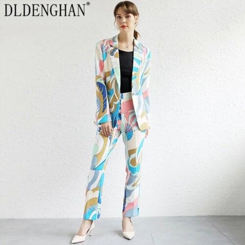 DLDENGHAN Fashion Abstract Print Set Long Sleeve Single Button Suit Outwear + Trousers Two-Piece Sets Designer Spring New