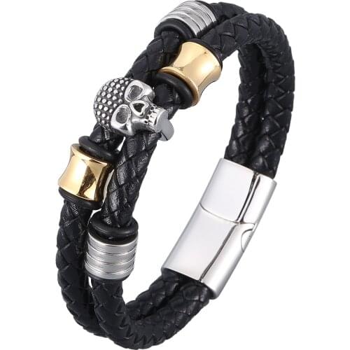 Men Jewelry Black Braided Leather Bracelets Men Stainless Steel Leahter Bracelets Cool Skull Bracelets Men Bracelet BB0941