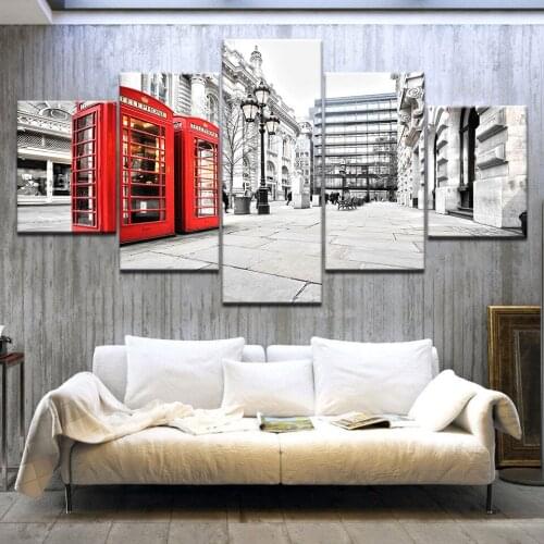 Design Art Red London Telephone Booth Cityscape 5 Panels wall posters Canvas Art Painting For living room home decoration