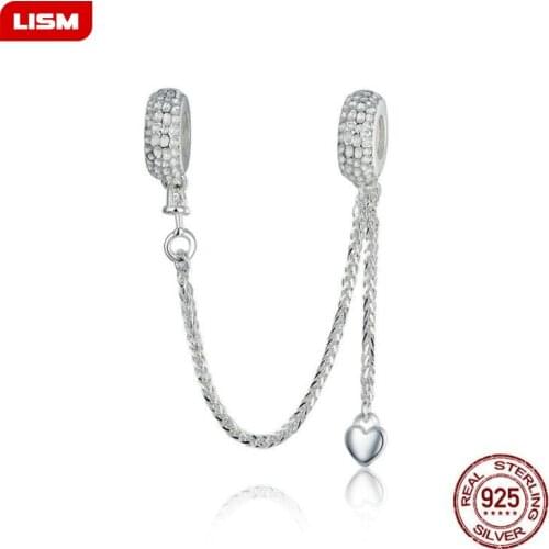 New Authentic 925 Sterling Silver Wheel Heart Safety chain Stopper Charms fit Charms Bracelets Silver Jewelry Making