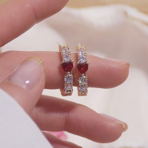 Luxury Cubic Zircon CZ Red Heart Stud Earrings for Women Japanese&Korea New Style 14K Gold Plated C Earrings