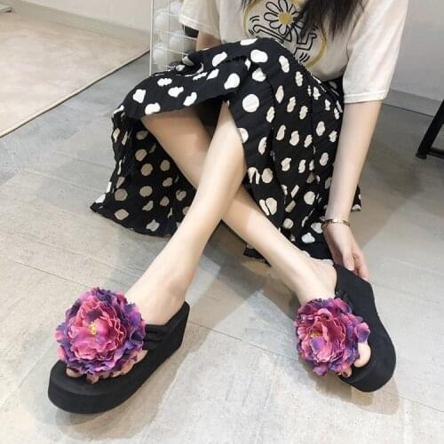 Slippers For Women Ladies Handmade Summer Flip Flop Flowers Decoration Female Flip Flops High Heel Bohemia Beach Sandal Slippers