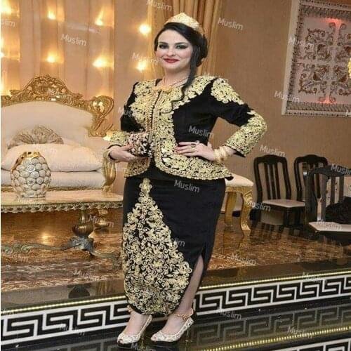 Black And Gold Karakou Algeria Evening Dress 2021 O Neck Long Sleeve Arabic Prom Dress Kaftan Morrocan Split Formal Party Gown