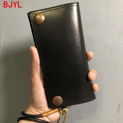 Handmade Vintage Leather Men Long Wallet Card Holder Purse Leather Chain Tide Cool Men Wallets Original First Layer Leather Soft