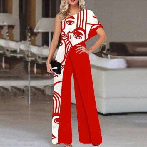 VONDA Women Long Jumpsuits 2021 Casual Skew Collar Vintage Printed Rompers Loose OL Office Overalls Femme Pantalones Oversized