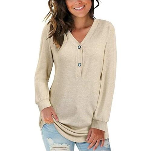 Women Clothes Autumn Tshirt Solid Color Basic Button V-Neck Long Sleeve T-Shirt Streetwear Loose Casual Pullover Tops Plus Size